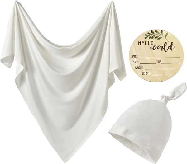 Set 35" 35"(White) iEvolve Cotton Knitted Baby Swaddle Blanket with Hat Headband Newborn Swaddle Wrap Receiving