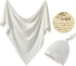 Set 35" 35"(White) iEvolve Cotton Knitted Baby Swaddle Blanket with Hat Headband Newborn Swaddle Wrap Receiving