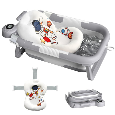 LAUJIA Grey Foldable Baby Bathtub with Cushion & Kneeling Pad, Large Infant Bath Tub with Thermometer & Support Pillow