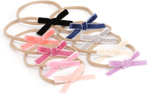 Velvet Ribbon Bow Nylon Headband, Handmade Mini Hair Band for Infants, Pack of 9pcs