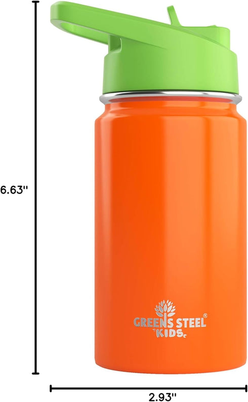 Kids Water Bottle - 12oz Orange | Leak Proof with Straw & Handle | Insulated, Double Wall Stainless Steel Flask