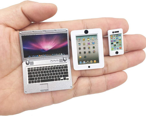 3 Pack Mini Dollhouse Laptop, Tablet, and Smartphone Accessories for 1/6 1/12 Miniatures, Silver