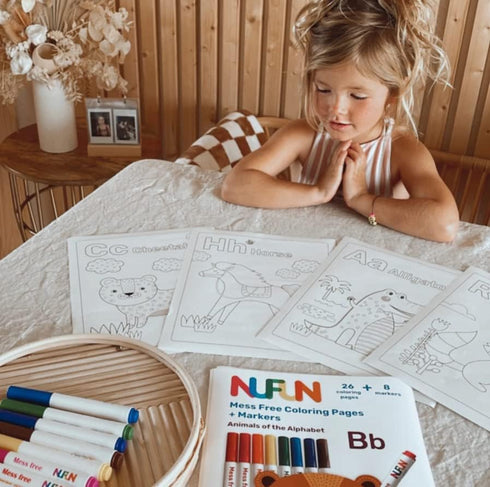 NuFun Activities Mess Free Coloring Set - Animals of The Alphabet, Gift for Toddlers with 26 Preprinted Pages