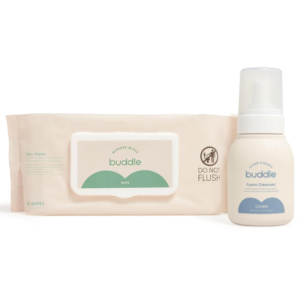 Buddle Clean Cheeks & Wonder Wipes 2-Piece Kit, Foam Cleanser for No-Rinse