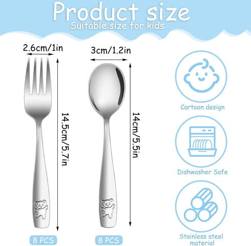 16 Pieces Toddler Utensils Kids Silverware Set, Stainless Steel Childrens Forks and Spoons, Dishwasher Safe Flatware