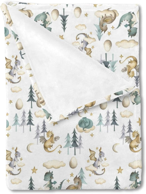 Watercolor Cute Dragon Fairy Tale Baby Blanket for Boy Gift, Cloud Moon Star Dragons Egg, 30 x 40