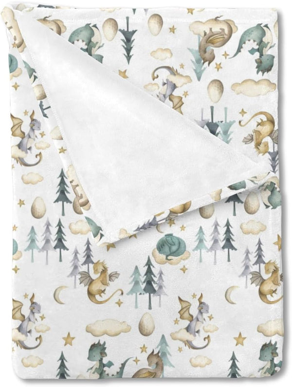 Watercolor Cute Dragon Fairy Tale Baby Blanket for Boy Gift, Cloud Moon Star Dragons Egg, 30 x 40