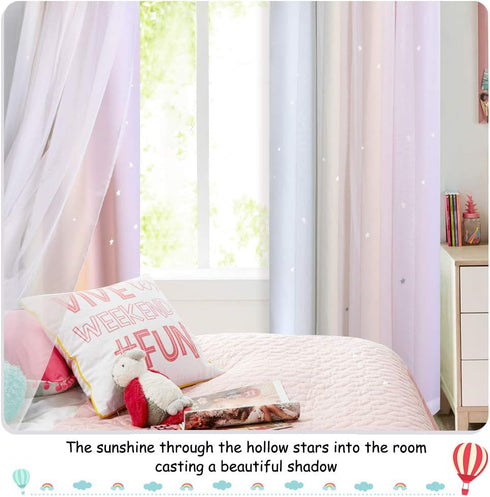 2 (W42 L63, NICETOWN Star Curtains for Kids Room Girls Bedroom Decor, Light Blocking Voile Overlay Princess Star