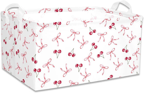 BBSET 3 Pcs Pink Bow Storage Basket, Coquette Girls Rectangle Storage Bins Box with Handles, Bows and Chery Shelf