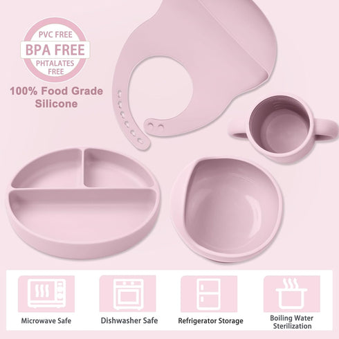 Set 14 6+ LITTLE RAWR Silicone Baby Feeding Pcs,Baby Led Weaning Supplies, Baby Spoons Suction Bowl Divided Plate Bib