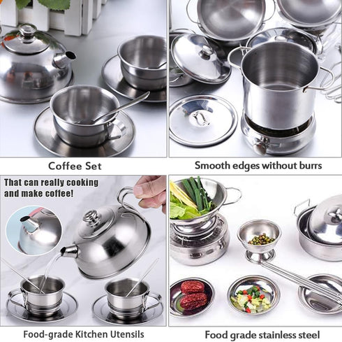 Tiny Size Kitchen Pretend Play Toys - Super Deluxe Stainless Steel Pots & Pans Play Kit with Storage Box for Toddlers