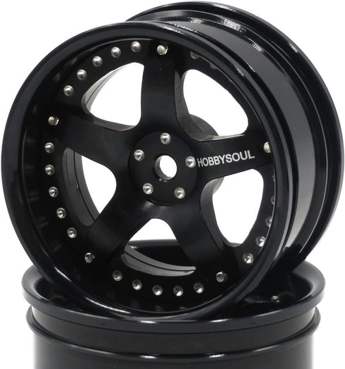 hobbysoul 2pcs RC 1/10 Aluminum Alloy Wheel Rims, Hex 12mm Adjustable Offset Black for 1:10 RC On Road Cars