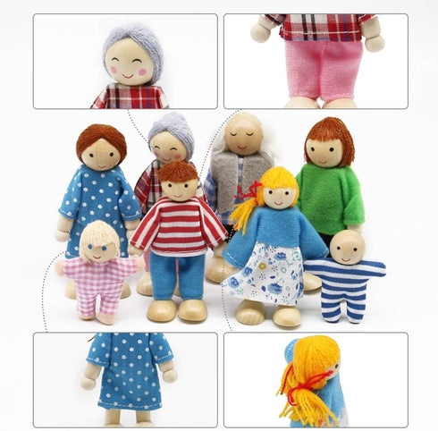Lovely Family Dollhouse Dolls Set of 8 Wooden Figures, Kids Girls Happy Playset Characters Accessories for Children
