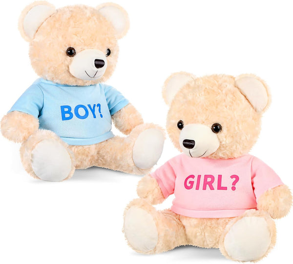 2 Pack Gender Reveal Bears, 14 Inch Blue and Pink T-Shirt Plush Bears for Baby Shower Decoration