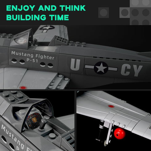 P-51 Set 258 ArtorBricks Mustang Fighter Airplane Military Building with Display Stand - Piece Model Kit for Adults