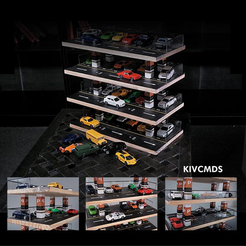 1/64 Scale 4-Tiers Diecast Model Car Display Case for Lego Vehicles, Hot Wheels, Nascar Diorama Scene Parking Lot