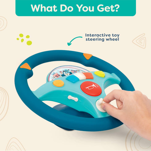 2 B. toys Woofer's Musical Driving Wheel Pretend Play Steering Wheel with Music, Sounds & Lights for Toddlers, Kids