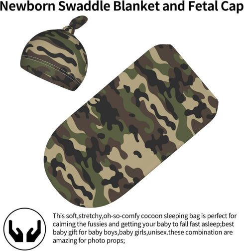 Sozzjile Set, Camo Baby Stuff Swaddle Blanket with Headband and Beanie Newborn Swaddle Sacks Infant Shower Gift