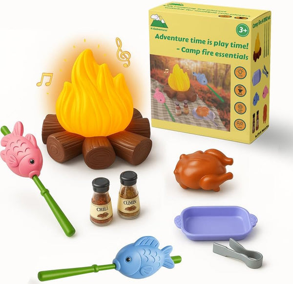 Educational Kids Camping Set: Fake Campfire with Grill Sticks, Pretend Play Food,