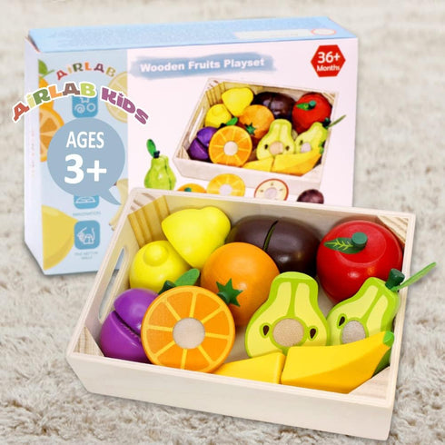 Wooden Play Food for Kids - Kitchen Cutting Fruits and Vegetables for Toddlers, Educational Toys