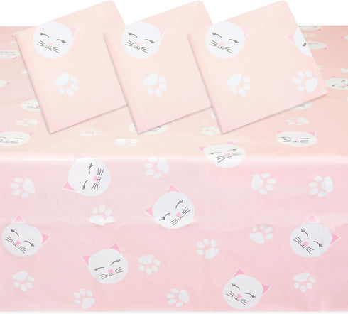 Sparkle and Bash 3 Pack Cat Themed Party Tablecloth, Pink Cat Birthday Plastic Tablecloth (54 x 108)
