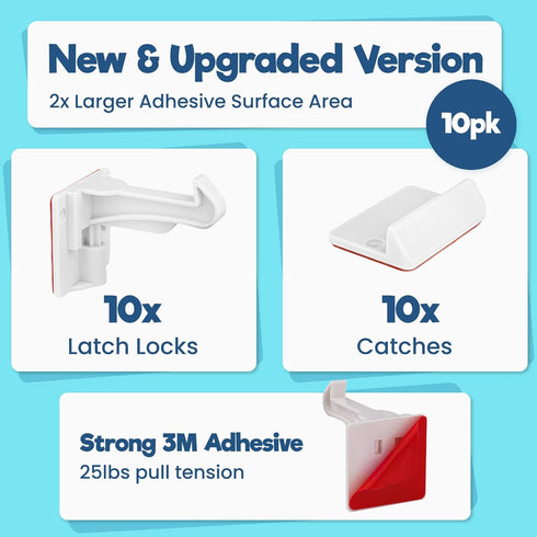 Upgraded Invisible Baby Proofing Cabinet Latch Locks - 10 Pack, No Drilling Required, Works with Most Cabinets