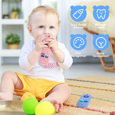 Baby Teether Toys 2PCS Silicone Remote Control Shape with 2PCS Pacifier Clip, BPA-Free for 3-24 Months