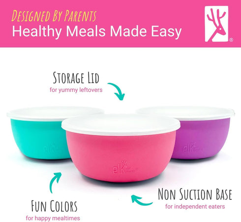 4 Pack Elk and Friends Stainless Steel Bowls + Silicone Sleeve and Storage Lid | Baby, Toddler, Kids | Cereal & Snack
