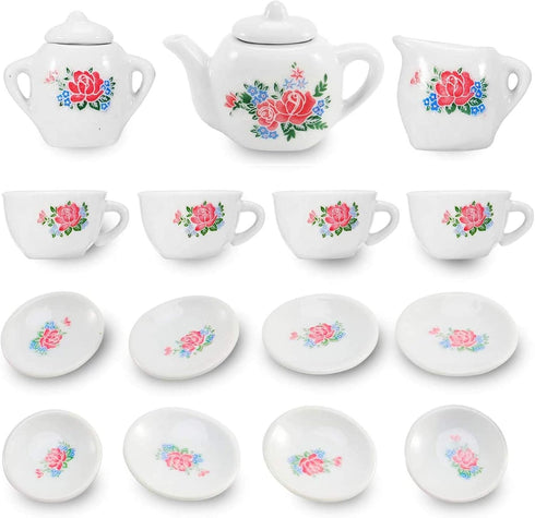 17 Pieces Floral Miniature Porcelain Ceramic Tea Set - Pretend Play Kids