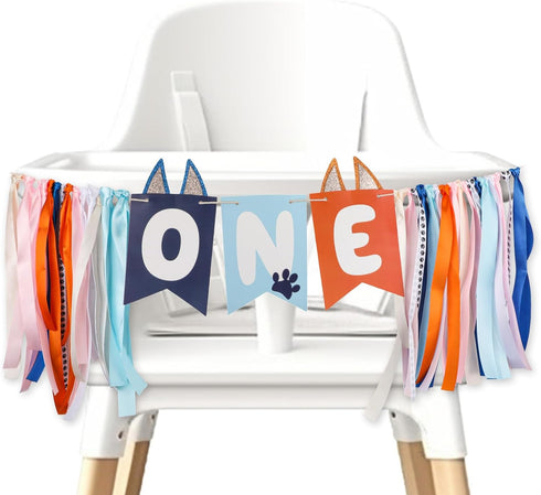 Gosknor Light Blue Navy Brown Orange First Birthday High Chair Banner, Cute Puppy