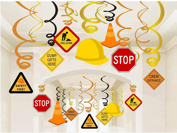 30Ct Construction Signs Hanging Swirl Decorations - Dig Zone Stop Crew Entrance