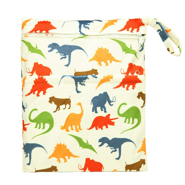 Medium Wet Dry Bag Baby Cloth Diaper Nappy Insert Bag Reusable Washable with Two Zippered Pockets Minky (Dinosaur)