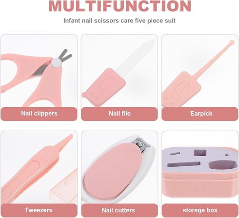 Set Alasum Nail Clipper for Infants, Pink Manicure Clippers with Nail File, Scissors, and Tweezers, Safe Grooming Kit