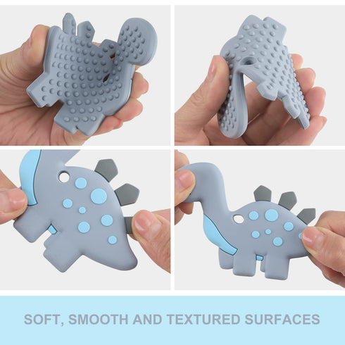 Baby Teething Toys for 3-12 Months, Dinosaur Teether Pain Relief Toy with Pacifier Clip Holder Set, Freezer Safe (Grey)