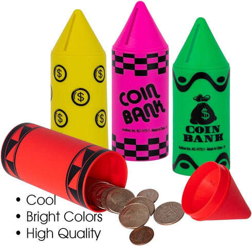 Set 12, 4 6 Inch ArtCreativity Crayon Piggy Bank for Kids, of Fun Money Saving Coin Banks for Loose Change, Vibrant