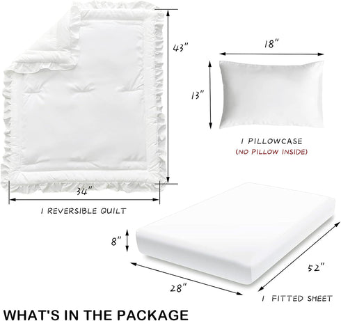 3 Set Pieces Crib Bedding Baby Ruffle Quilted Comforter with Fitted Sheet and Pillowcase - Cute Ruffled Shabby Chic