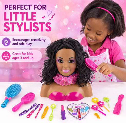 Playset Liberty Imports African American Black Makeup and Hair Styling Doll Head Toy with Real Washable Cosmetic