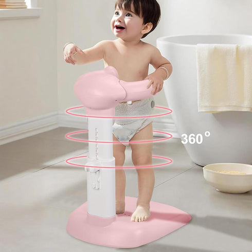 Foldable Baby Shower Stand with Safety Handles, Adjustable Height Infant Bath Seat, Removable Shower Head Holder