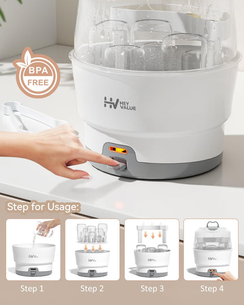 HEYVALUE Ease-Steam Bottle Sterilizer, Compact Baby Bottle Sterilizer, Fast One-Touch Operation (Esterilizador de