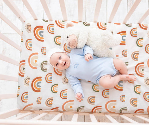Jola's House 4 Pack N Play Sheets - Mini Crib Sheets Boho Nursery Sheets, Sunshine & Rainbow Design - Neutral Unisex