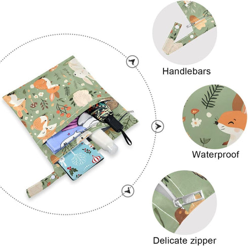 Gravopti Set 2, Woodland Animal Wet Dry Bags of Reusable Waterproof Organizer with Zipper Pockets for Baby Diapers
