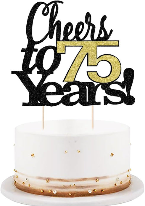 LVEUD Black Font Golden Numbers Cheers to 75 Years Happy Birthday Cake Topper - Wedding, Anniversary Decorations