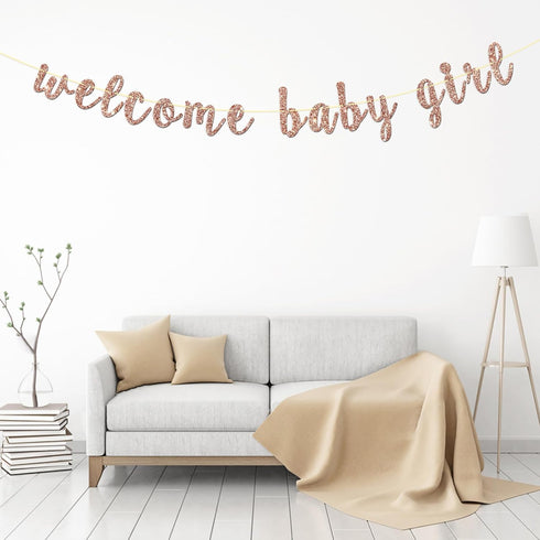 Welcome Baby Girl Banner - Rose Gold Glitter for Baby Shower, Gender Reveal Party Decorations