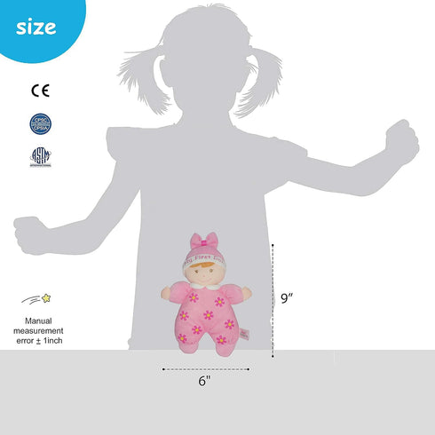 June Garden 9" My First Doll Sienna, Soft Plush Baby Doll with Rattle, Pink Outfit