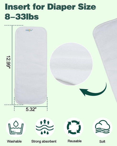 Pack 12, 3-Layer Babygoal Reusable Cloth Diaper Inserts of Absorbent & Breathable Liners, Microfiber Inserts for Cloth