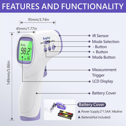 No-Touch Forehead Thermometer for Adults and Kids, Digital with Fever Alarm, 3 Backlit, 32 Memories