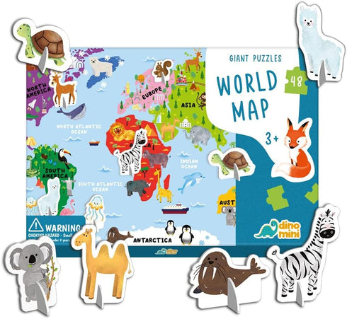 Dinomini Giant World Map Puzzle for Kids - with Interactive Standing Figures