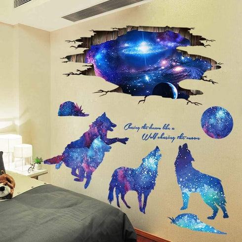 3D Blue Starry Sky Wolf Moon Wall Decals, Removable PVC Magic 3D Milky Way Outer Space Planet Wall Sticker