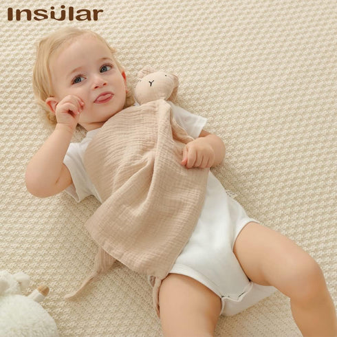 insular Bunny Lovey Blanket for Boys and Girls, Organic Cotton Muslin Security Blanket, 2 Pcs Set (Beige&Pink)
