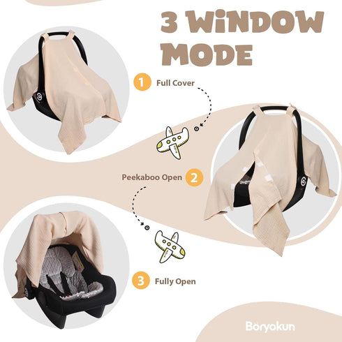 Baby Car Seat Cover Muslin Infant Carseat Canopy, Peekaboo Opening Car Seat Covers, Unisex Large Universal Fit Lightweight Breathable Newborn Breastfeeding Nursing Covers